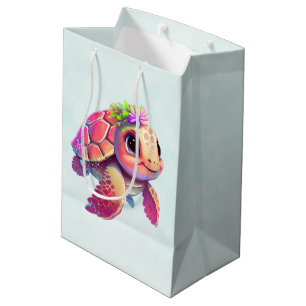 Sac Cadeau Moyen Tortue de mer rose Whimsical & mignon