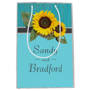 Sac Cadeau Moyen Tournesol Mariage rustique Turquoise en bois gris