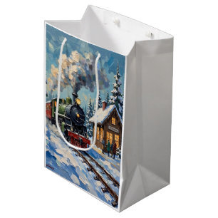 Sac Cadeau Moyen Train à vapeur de Noël vintage à la gare enneigée