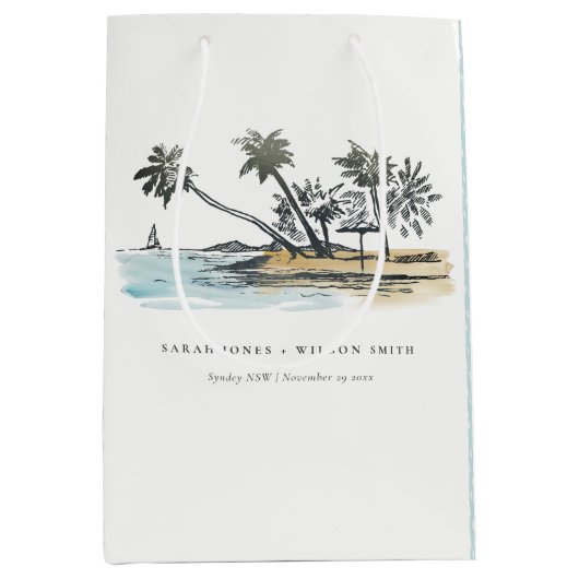Sac Cadeau Moyen Tropical Beach Palm Tree Sketch Mariage d'aquarell (Devant)