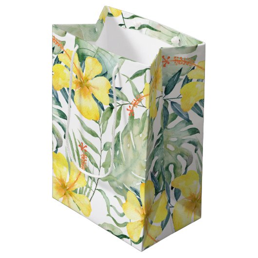 Sac Cadeau Moyen Tropical Jaune Hibiscus Floral Fête de Mariage (Devant Angle)