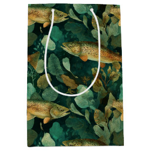 Sac Cadeau Moyen Truitte Brune Sophistiquée Poisson Vert Aquarelle