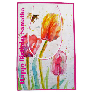 Sac Cadeau Moyen Tulipe Rouge Rose Fleur Aquarelle Anniversaire Fem