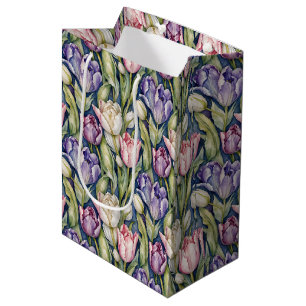 Sac Cadeau Moyen Tulipes classiques rose, violet, blanc
