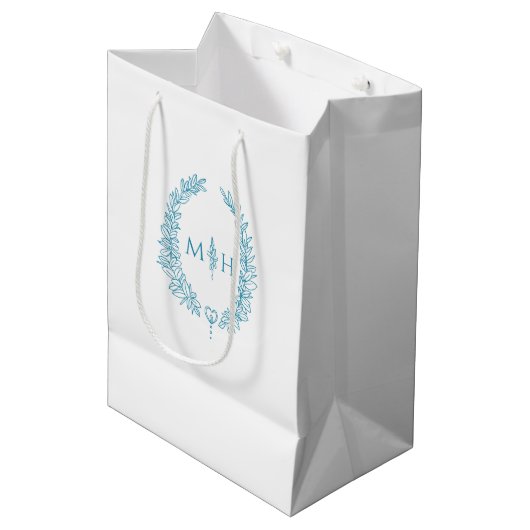 Sac Cadeau Moyen Turquoise aqua blanc feuille ovale couronne mariag (Devant Angle)