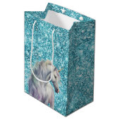 Sac Cadeau Moyen Turquoise Aqua Glitz Parties scintillant Unicorn (Devant Angle)