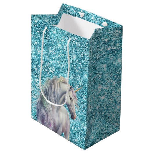 Sac Cadeau Moyen Turquoise Aqua Glitz Parties scintillant Unicorn (Devant Angle)