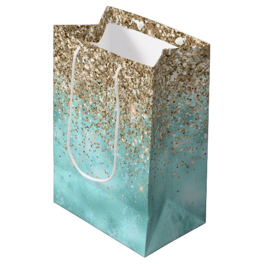 Sac Cadeau Moyen Turquoise Aqua Gold Glam Parties scintillant étinc (Devant Angle)
