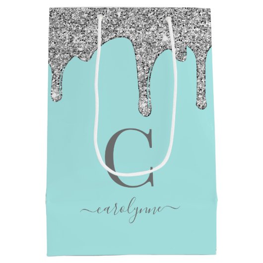 Sac Cadeau Moyen Turquoise Aqua Silver Éperche Parties scintillant  (Dos)