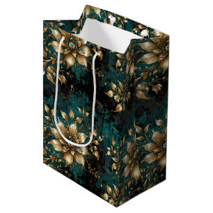 Sac Cadeau Moyen Turquoise & Gold Grunge Floral