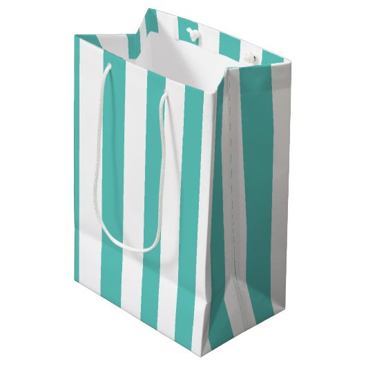 Sac Cadeau Moyen Turquoise marine et blanc rayé (Devant Angle)