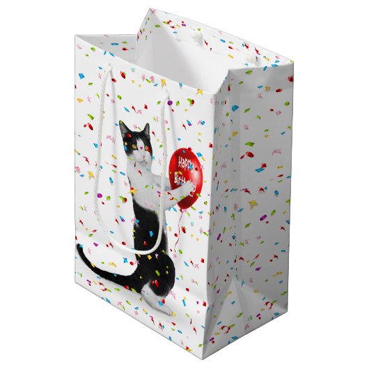 Sac Cadeau Moyen Tuxedo Chat Avec Balcon D'Anniversaire (Devant Angle)