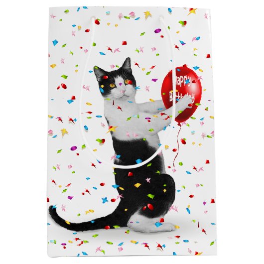 Sac Cadeau Moyen Tuxedo Chat Avec Balcon D'Anniversaire (Devant)