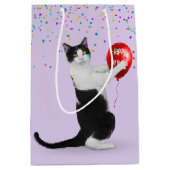 Sac Cadeau Moyen Tuxedo Chat avec Confetti et Ballons d'Anniversair (Devant)