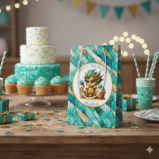 Sac Cadeau Moyen Un dragon Turquoise et d'or Personnalisé pour l'an