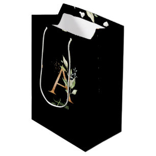 Sac Cadeau Moyen Un monogramme d'eucalyptus vert faux feuille d'or