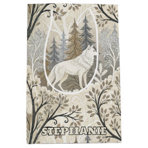 Sac Cadeau Moyen Une forêt d'hiver paisible avec des loups blancs