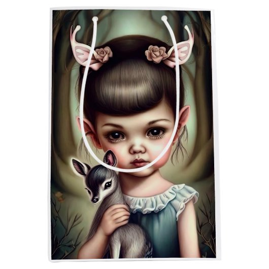 Sac Cadeau Moyen Une jeune fille tenant un cerf (Devant)
