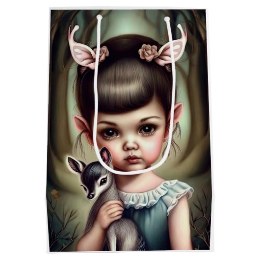 Sac Cadeau Moyen Une jeune fille tenant un cerf (Dos)