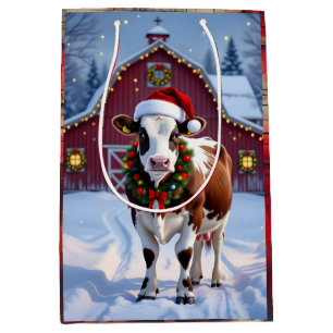 Sac Cadeau Moyen Une vache festive à Santa Hat Pays Noël