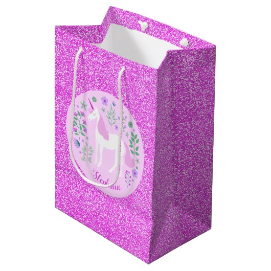 Sac Cadeau Moyen Unicorn Parties scintillant rose Nom personnalisé (Devant Angle)