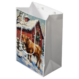 Sac Cadeau Moyen Vache Highland vintage à la grange de Noël enneigé