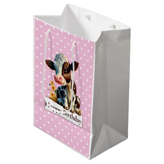 Sac Cadeau Moyen Vache Joyeux anniversaire Daisy rose (Devant Angle)