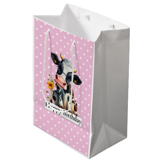 Sac Cadeau Moyen Vache laitière Joyeux Anniversaire rose (Devant Angle)