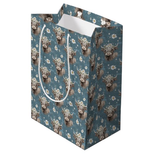 Sac Cadeau Moyen Vaches et fleurs des Highlands (Dos Angle)