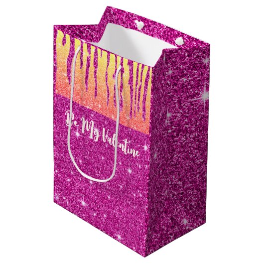 Sac Cadeau Moyen Valentine Hot rose Parties scintillant deux tons (Devant Angle)