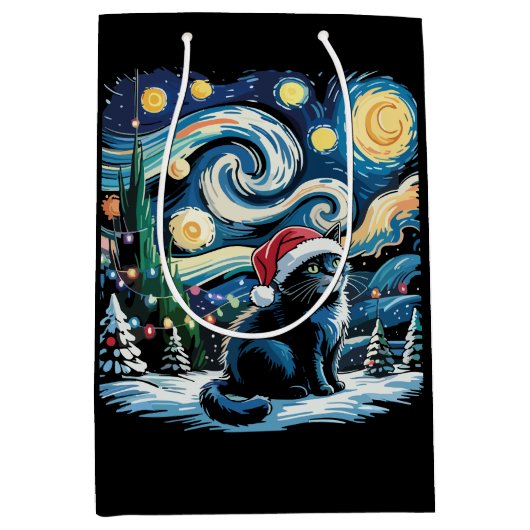 Sac Cadeau Moyen Van Gogh Starry Nuit Festive Noël Chat Noir (Devant)