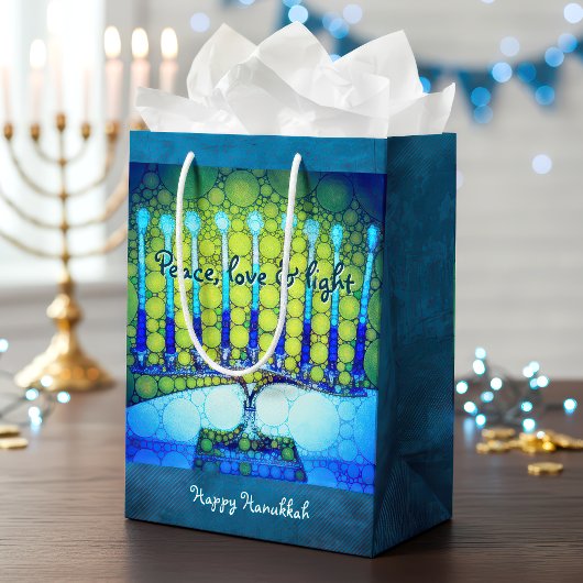 Sac Cadeau Moyen Vert bleu Hanoukka Menorah Paix Amour Lumière