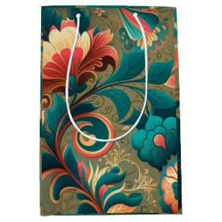 Sac Cadeau Moyen Vert floral design rétro vintage