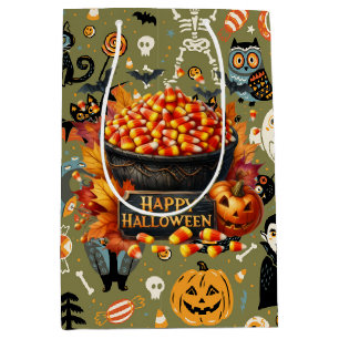 Sac Cadeau Moyen Vert Halloween Squelettique