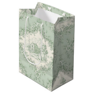 Sac Cadeau Moyen Vert menthe toile de Jouy florale - Ferme de campa