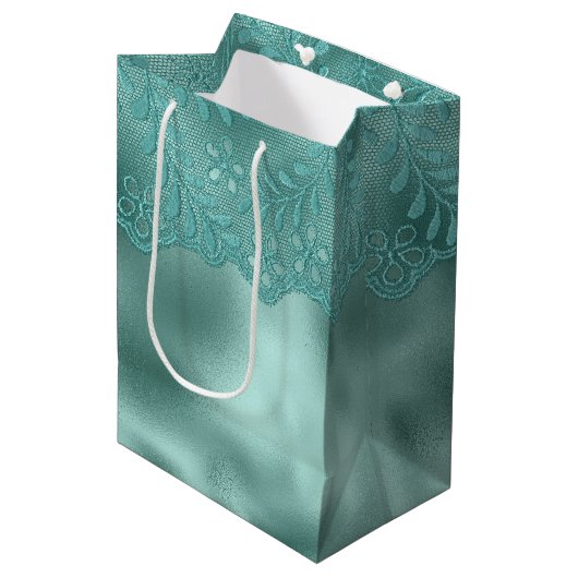 Sac Cadeau Moyen Vert œuf de Robin Lace Robe de Mariée (Devant Angle)