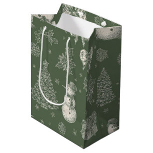 Sac Cadeau Moyen Vert sauge vintage Noël Toile de Jouy Christmas (5