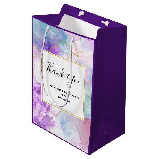 Sac Cadeau Moyen Violet, Vert, Rose Couleurs Merci (Devant Angle)