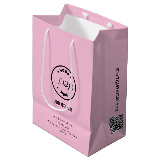 Sac Cadeau Moyen Votre logo professionnel rose | Code QR (Devant Angle)