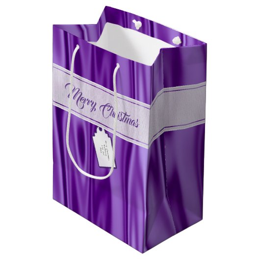 Sac Cadeau Moyen Votre texte | Élégante satin violet de Noël (Devant Angle)