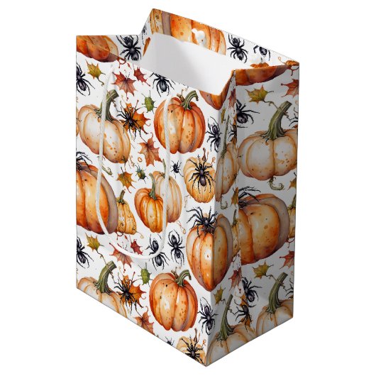 Sac Cadeau Moyen Watercolor Spooky Pumpkin & Spider Pattern (Devant Angle)