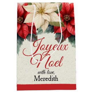 Sac Cadeau Moyen Watercolor Vintage Floral Red Poinsettia Christmas