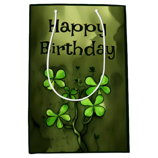 Sac Cadeau Moyen Whimsical Clovers Irlandais Joyeux anniversaire (Devant)