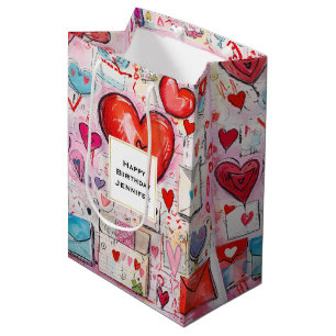Sac Cadeau Moyen Whimsical Hearts and Love Letters Motif Anniversai
