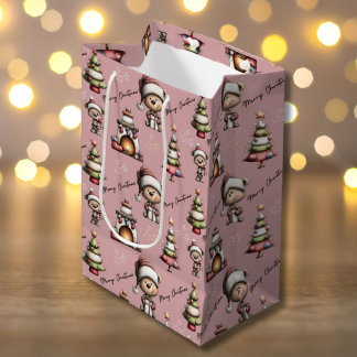 Sac Cadeau Moyen Whimsical Teddy Bear Christmas Pink Background
