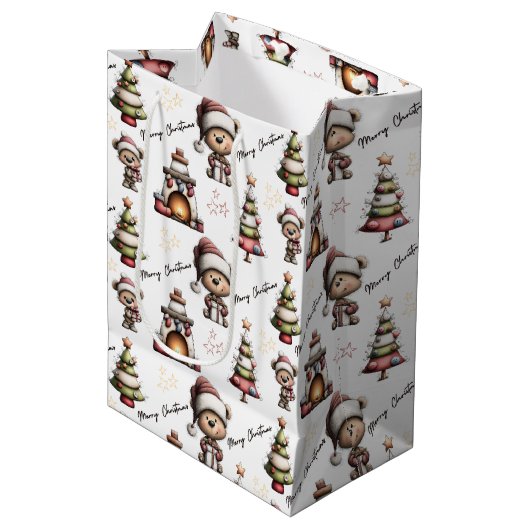 Sac Cadeau Moyen Whimsical Teddy Bear Christmas White Background (Devant Angle)