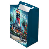 Sac Cadeau Moyen Whimsical Tropical Christmas Lighthouse Turquoise (Devant Angle)
