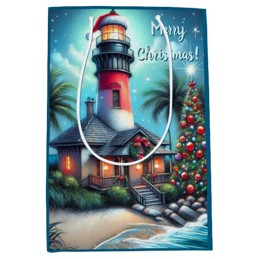 Sac Cadeau Moyen Whimsical Tropical Christmas Lighthouse Turquoise (Devant)