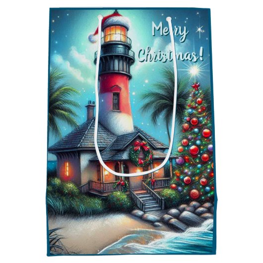 Sac Cadeau Moyen Whimsical Tropical Christmas Lighthouse Turquoise (Dos)