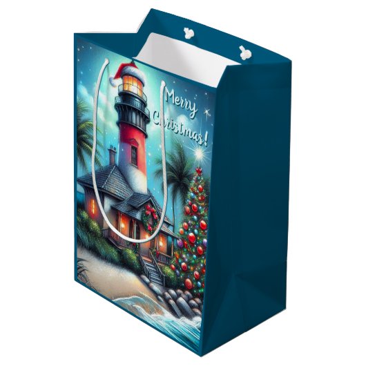 Sac Cadeau Moyen Whimsical Tropical Christmas Lighthouse Turquoise (Dos Angle)